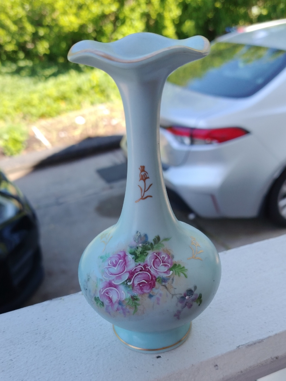 Hand-Painted Floral Porcelain Bud Vase in Light Blue